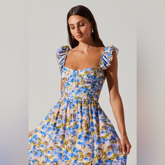 New ASTR Wedelia Bustier Midi Dress Yellow Blue Floral - Picture 3 of 6
